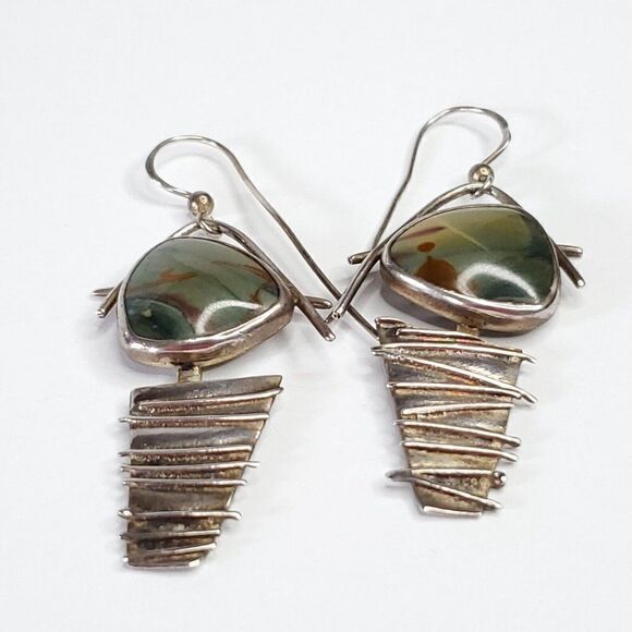 Artisan Sterling Silver Geometric Modernist Boho Earrings Green Brown Agate - Picture 2 of 5